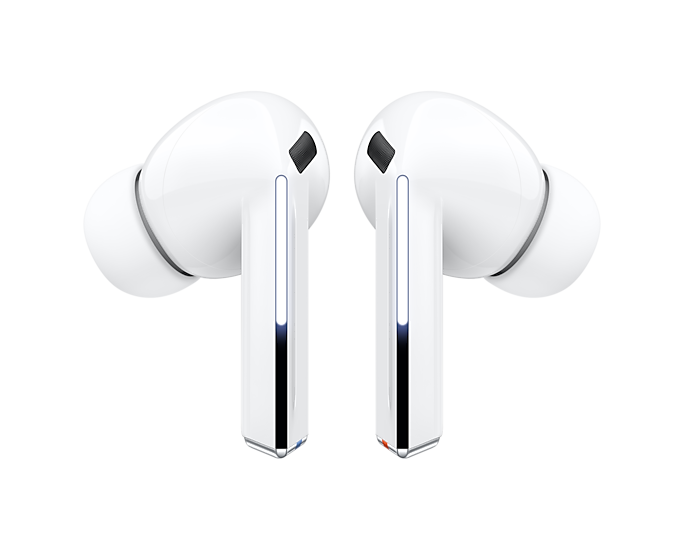 White Galaxy Buds 3 Pro earbuds, front view with illuminated stems and rounded eartips