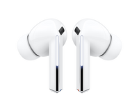 White Galaxy Buds 3 Pro earbuds, front view with illuminated stems and rounded eartips