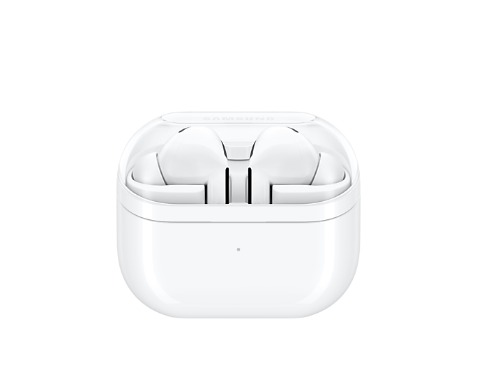 White Galaxy Buds 3 Pro earbuds with closed charging case, minimal white earbuds visible