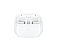 White Galaxy Buds 3 Pro earbuds with closed charging case, minimal white earbuds visible