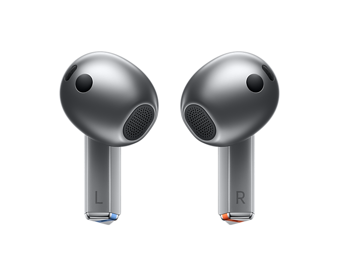 Samsung Galaxy Buds 3 dark metallic earbuds close-up, L and R labels on stems