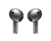 Samsung Galaxy Buds 3 dark metallic earbuds close-up, L and R labels on stems