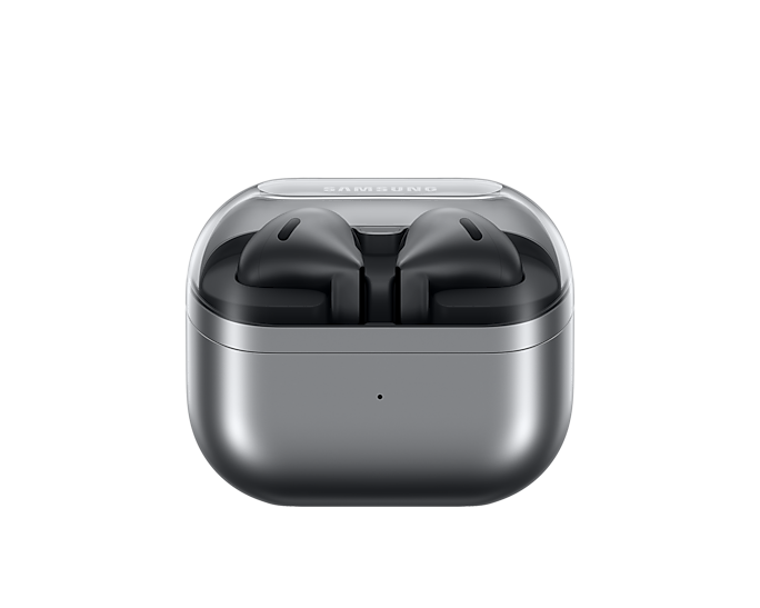 Samsung Galaxy Buds 3 open charging case with dark metallic earbuds inside