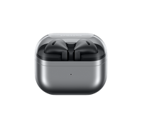 Samsung Galaxy Buds 3 open charging case with dark metallic earbuds inside