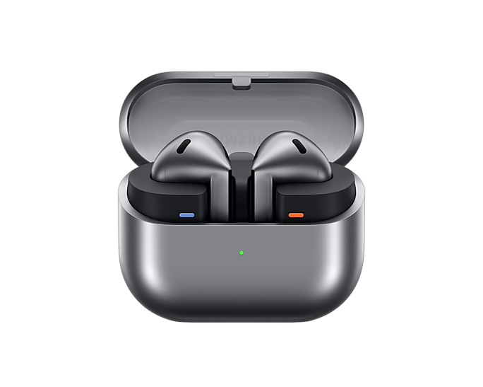 Samsung Galaxy Buds 3 in open case, dark metallic earbuds with blue and orange accents