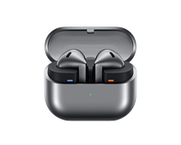 Samsung Galaxy Buds 3 in open case, dark metallic earbuds with blue and orange accents