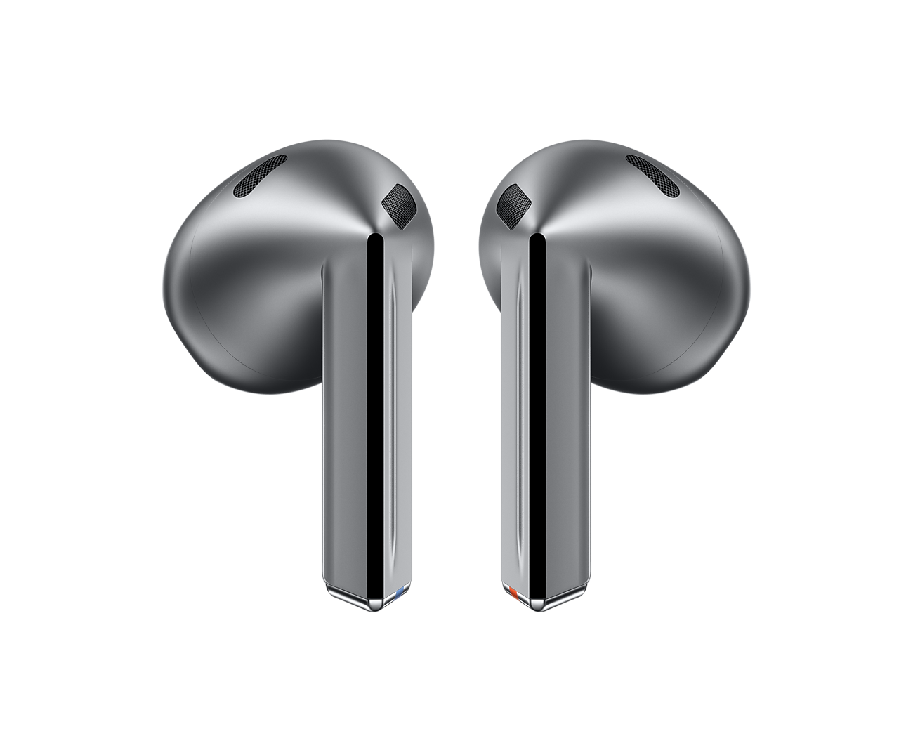 Samsung Galaxy Buds 3 dark metallic earbuds, front view with speaker grilles