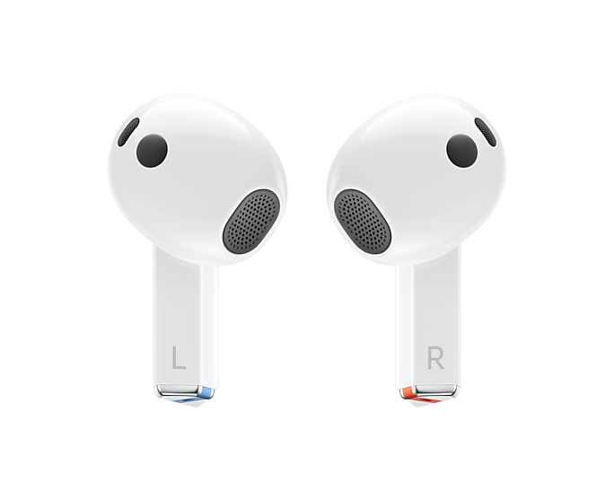 Samsung Galaxy Buds 3 white earbuds close-up, L and R labels on stems
