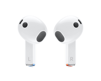 Samsung Galaxy Buds 3 white earbuds close-up, L and R labels on stems