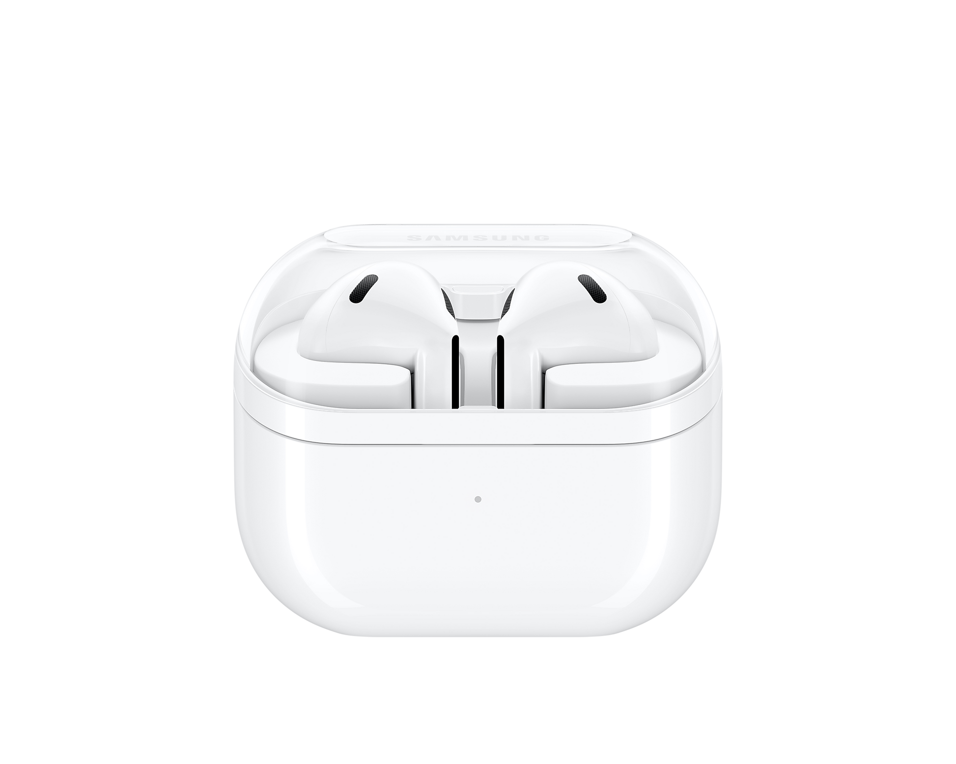 Samsung Galaxy Buds 3 open charging case with white earbuds seated inside