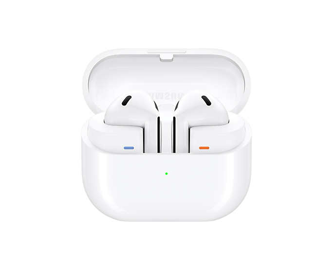 Samsung Galaxy Buds 3 in open case, white earbuds with blue and orange accents