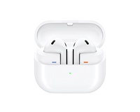 Samsung Galaxy Buds 3 in open case, white earbuds with blue and orange accents