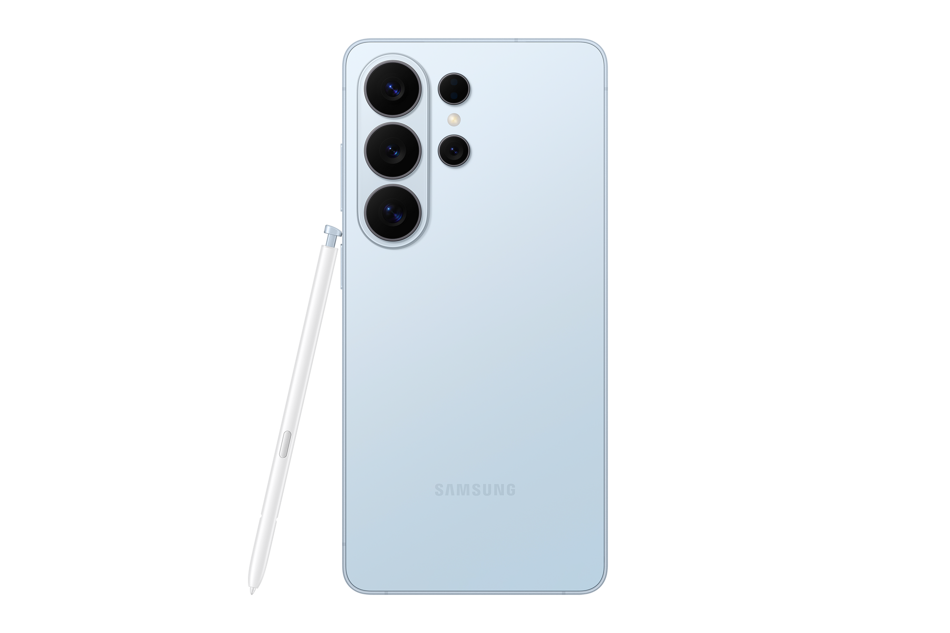 Galaxy S26 Ultra in sky blue, back view with quad cameras and S Pen