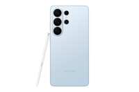 Galaxy S26 Ultra in sky blue, back view with quad cameras and S Pen