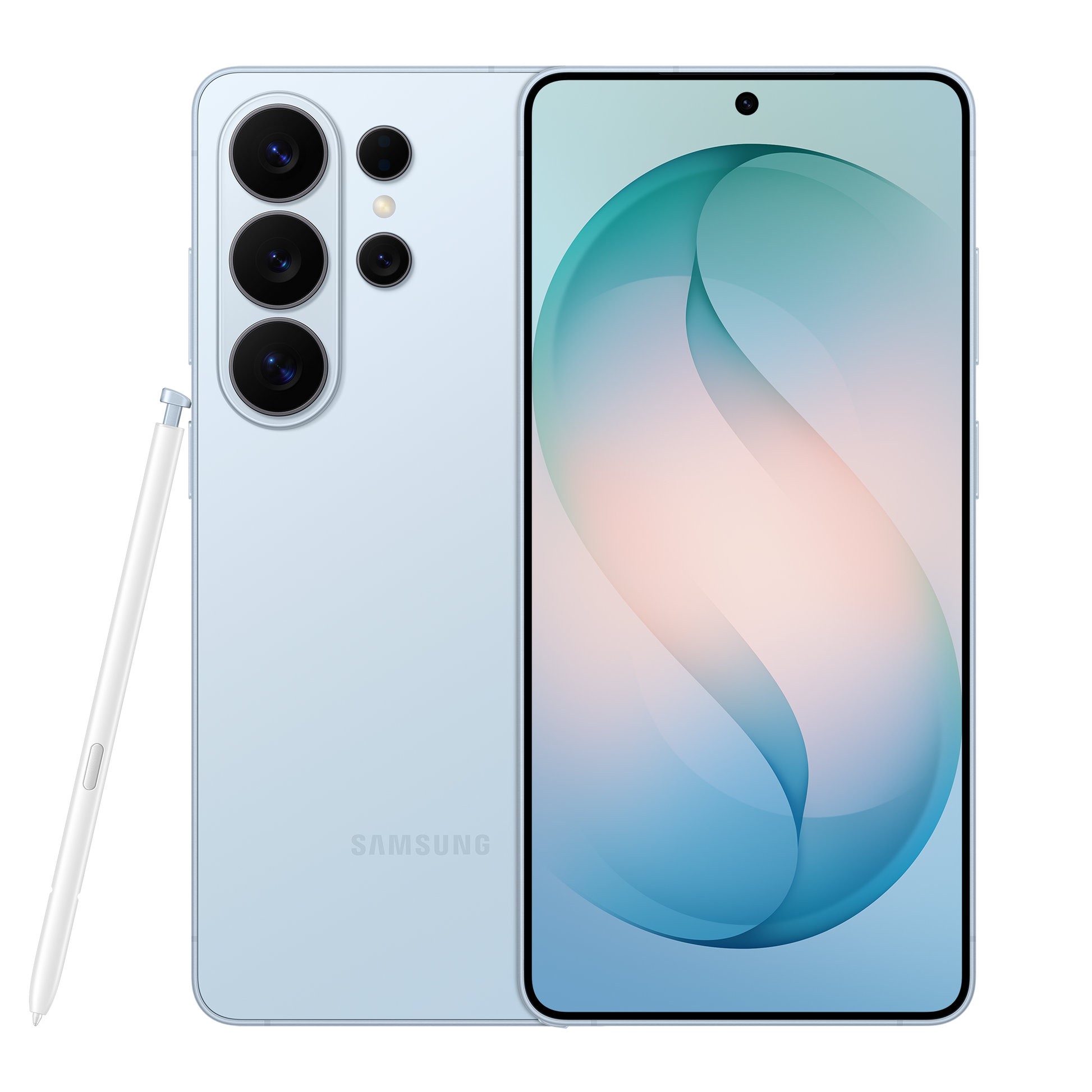 Galaxy S26 Ultra in sky blue, front and back showing quad-camera array and S Pen