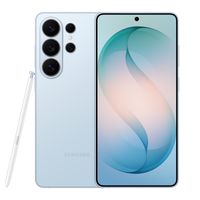 Galaxy S26 Ultra in sky blue, front and back showing quad-camera array and S Pen