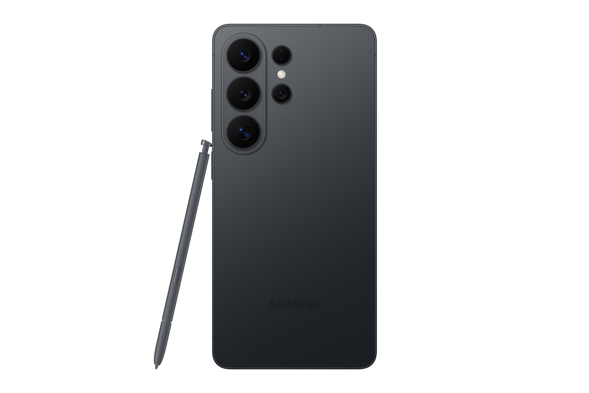 Galaxy S26 Ultra in black, back view with quad cameras and S Pen