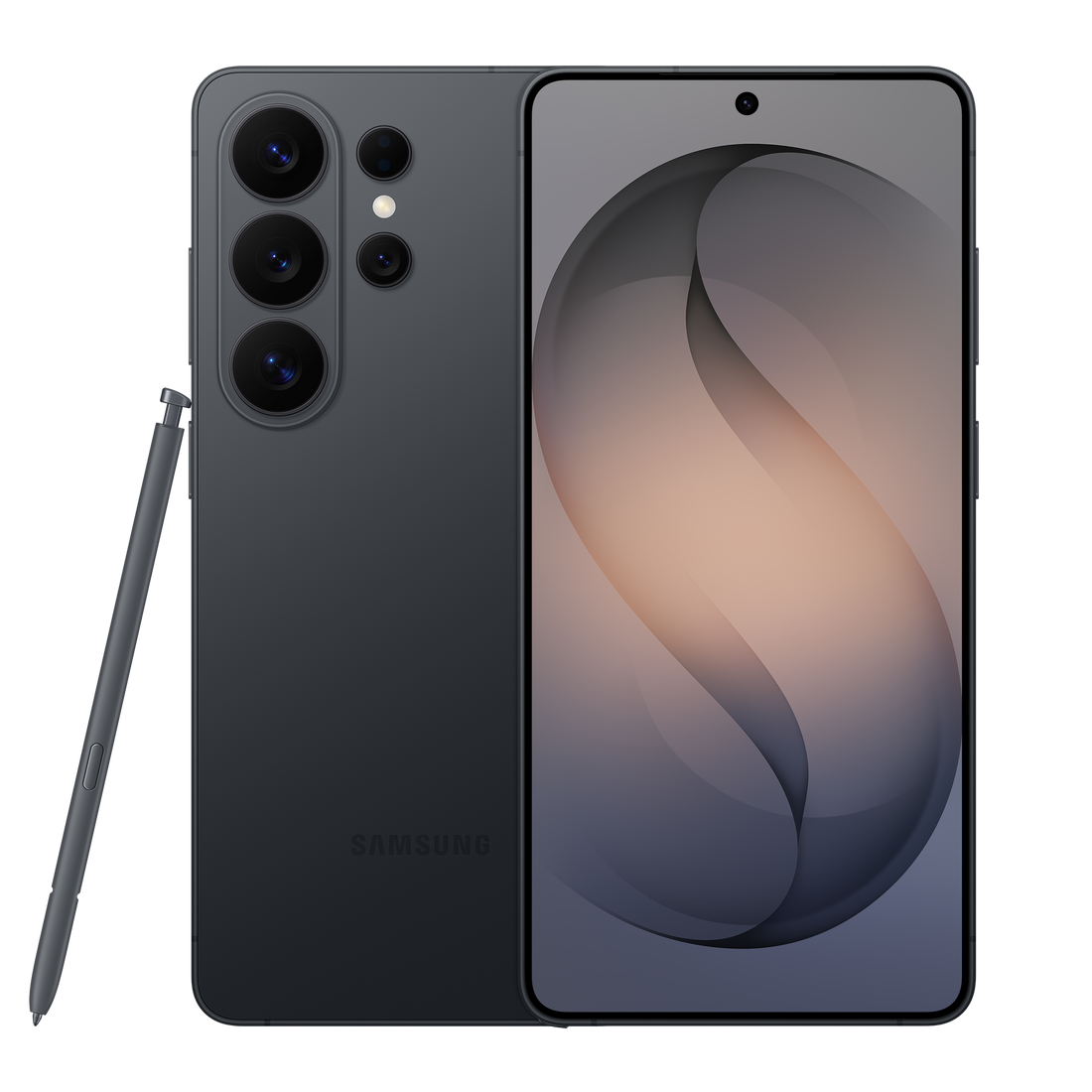 Galaxy S26 Ultra in black, front and back with quad-camera array and S Pen