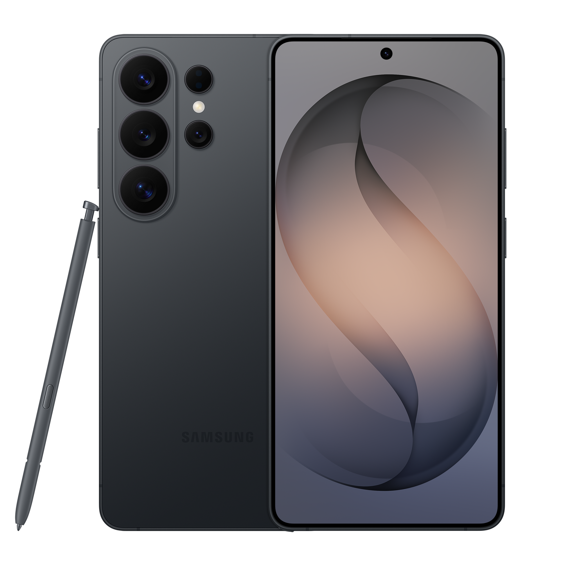 Galaxy S26 Ultra in black, front and back with quad-camera array and S Pen