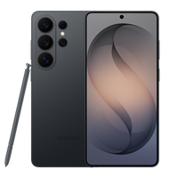 Galaxy S26 Ultra in black, front and back with quad-camera array and S Pen