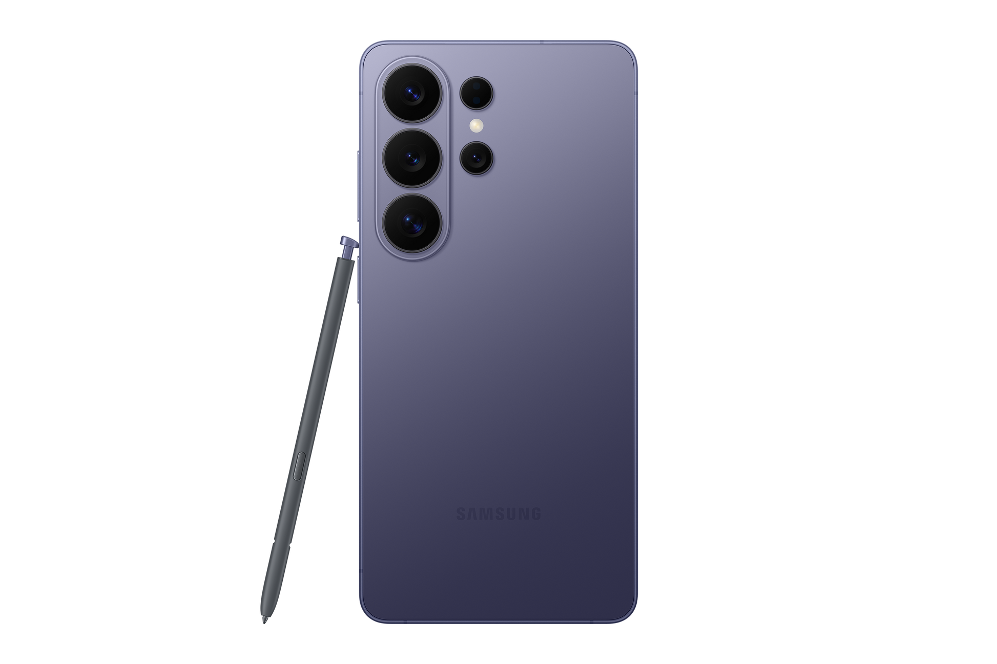 Galaxy S26 Ultra in cobalt violet, back view with quad cameras and S Pen