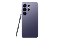 Galaxy S26 Ultra in cobalt violet, back view with quad cameras and S Pen