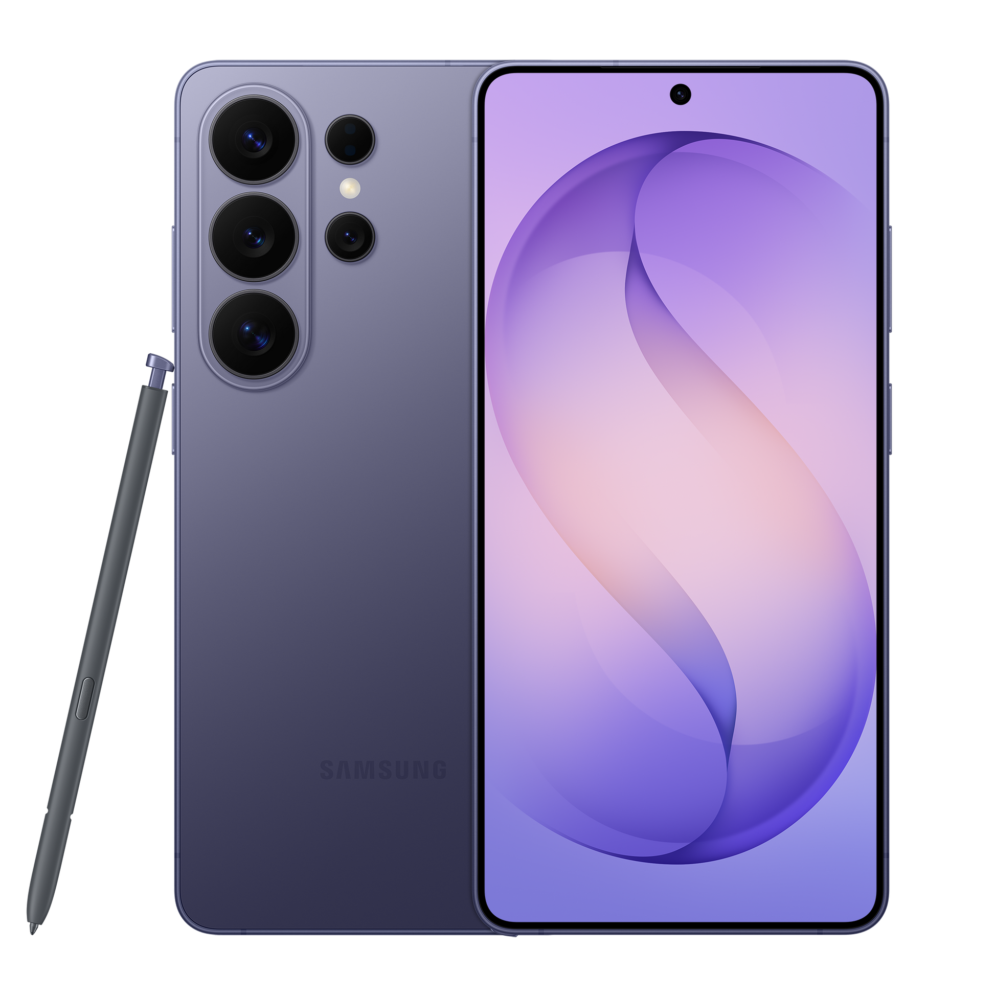 Galaxy S26 Ultra in cobalt violet, front and back with quad camera and S Pen