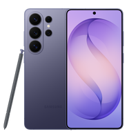 Galaxy S26 Ultra in cobalt violet, front and back with quad camera and S Pen