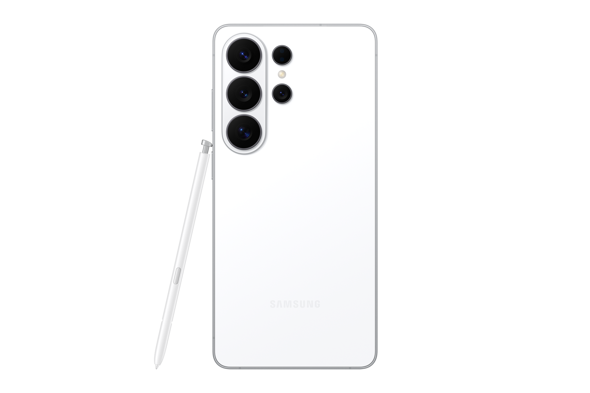 Galaxy S26 Ultra white back with triple camera and included stylus