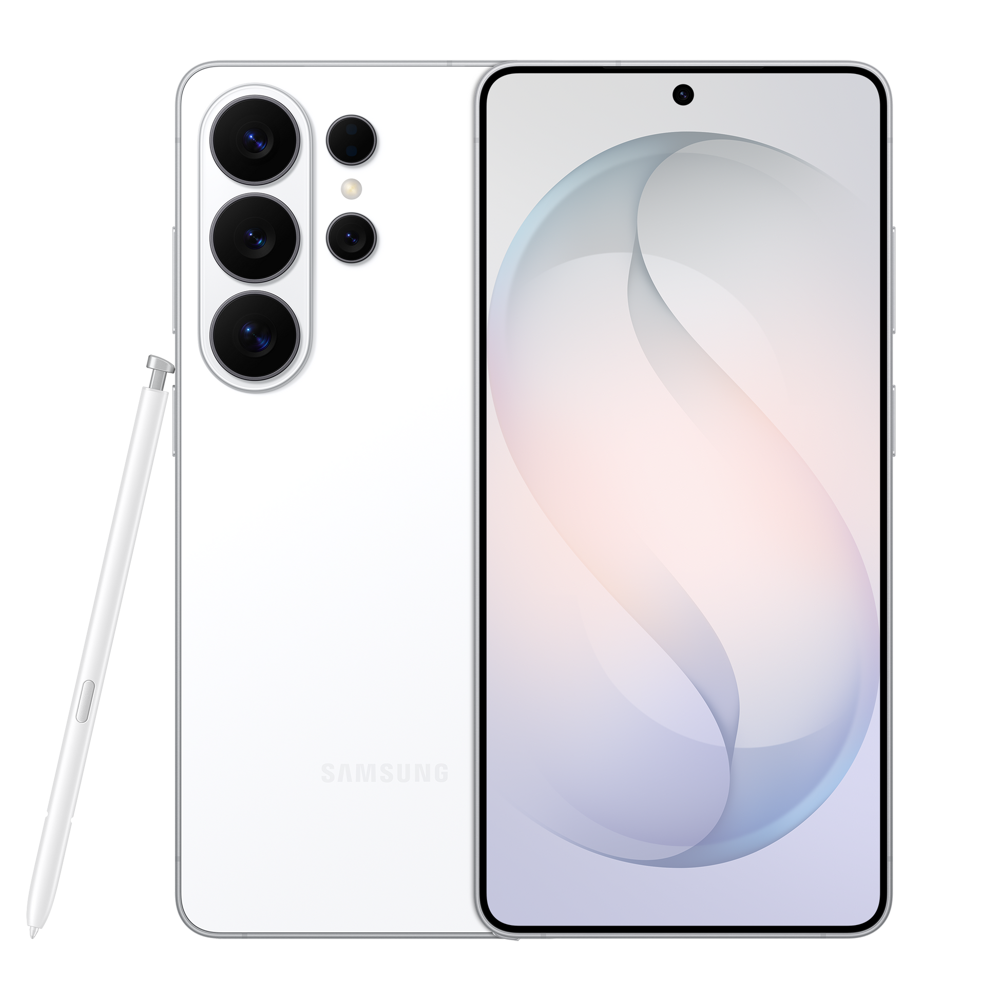 Galaxy S26 Ultra in white, front and back with quad camera system and S Pen