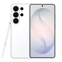 Galaxy S26 Ultra in white, front and back with quad camera system and S Pen