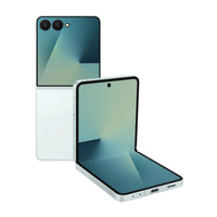 Teal foldable smartphone open with display and back panel