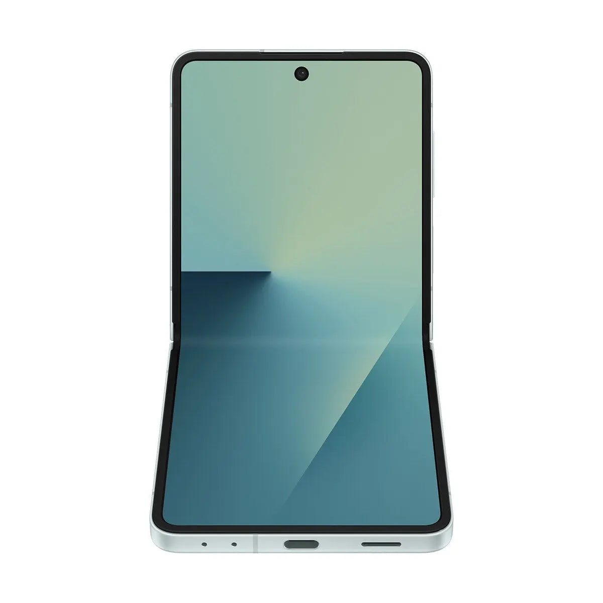 Teal foldable smartphone front view with display and hinge