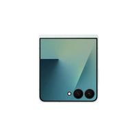 Teal foldable smartphone with dual rear cameras on back