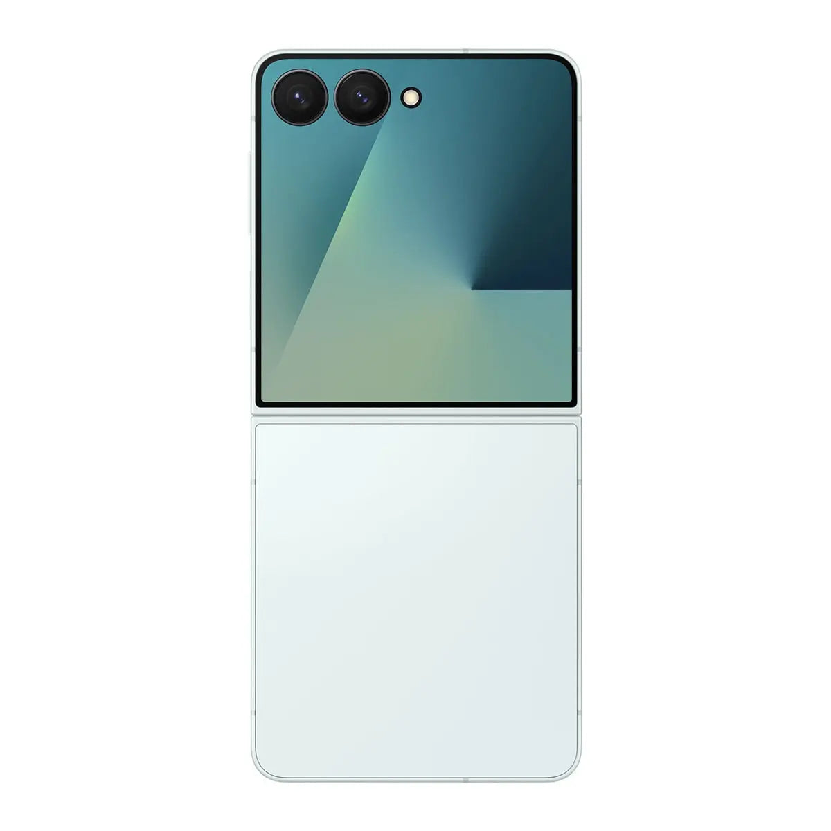 Teal foldable smartphone shown folded with back and front panels