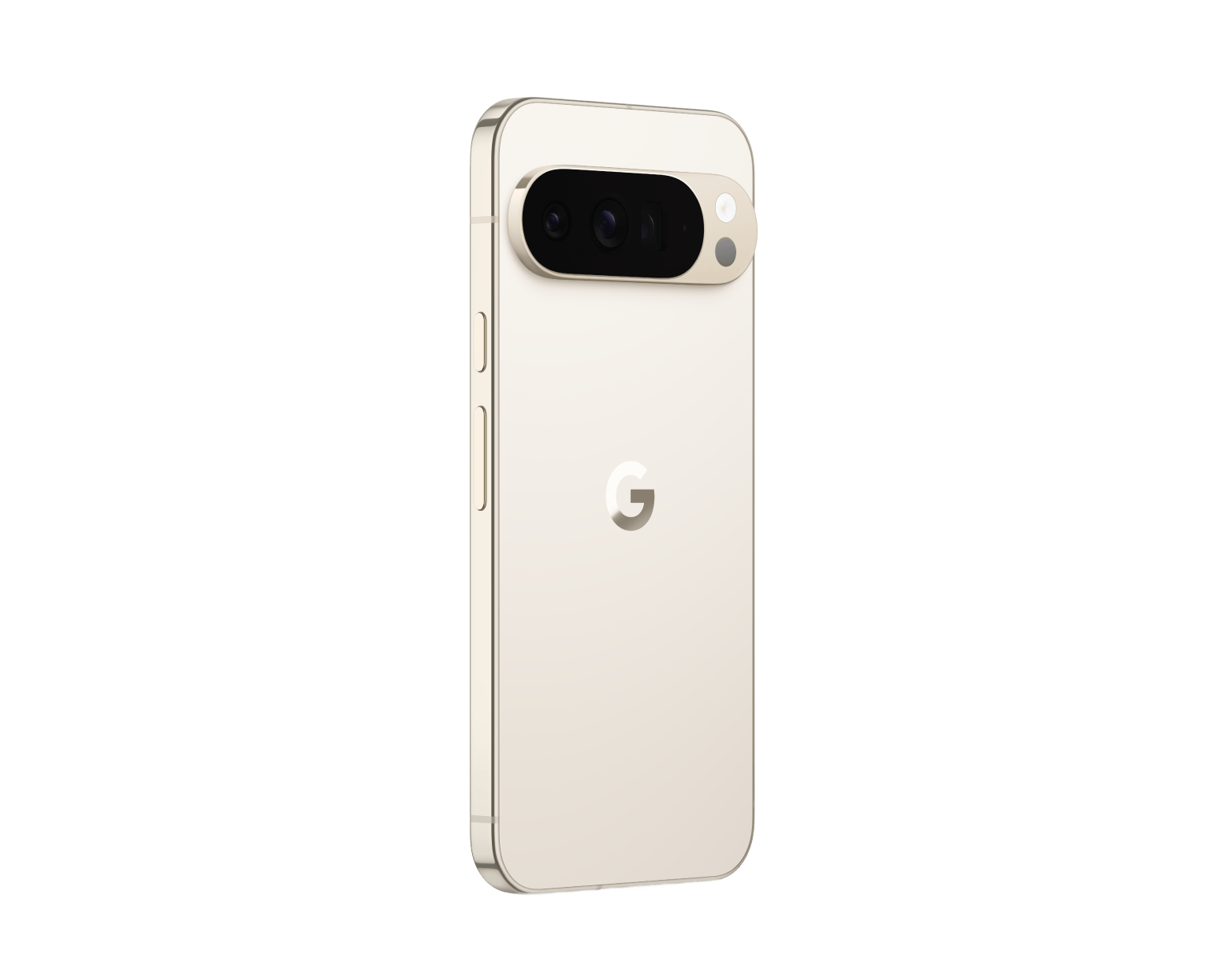 White smartphone back angled with camera bar and side buttons.