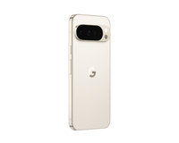 White smartphone back angled with camera bar and side buttons.