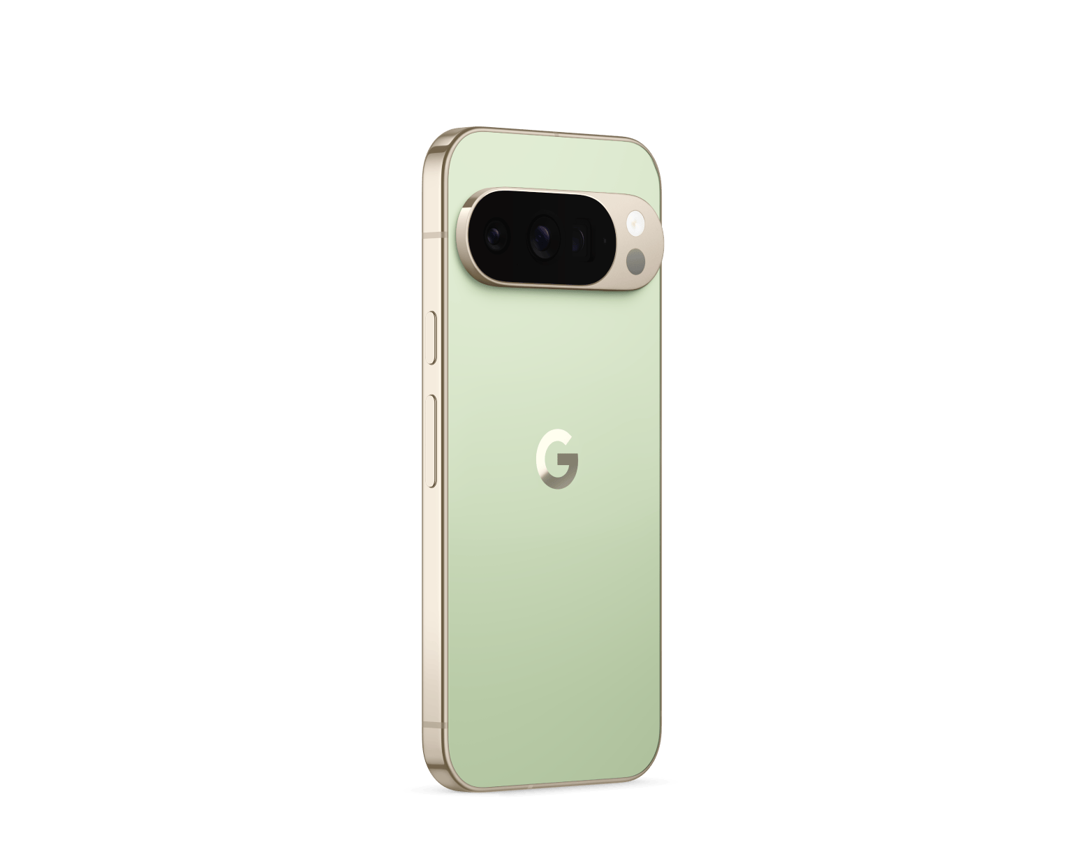 Google Pixel 10 Pro smartphone back view in light green with camera bar